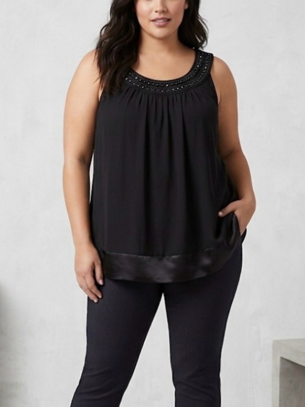 Torrid Black Sleeveless Chiffon Blouse Embellished Beaded Neck Satin Trim 1X